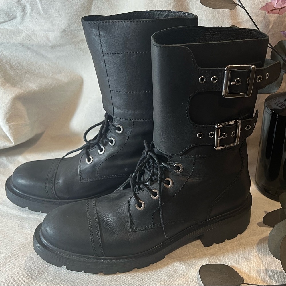 All Saints DELPHI Black Leather Buckle Boots